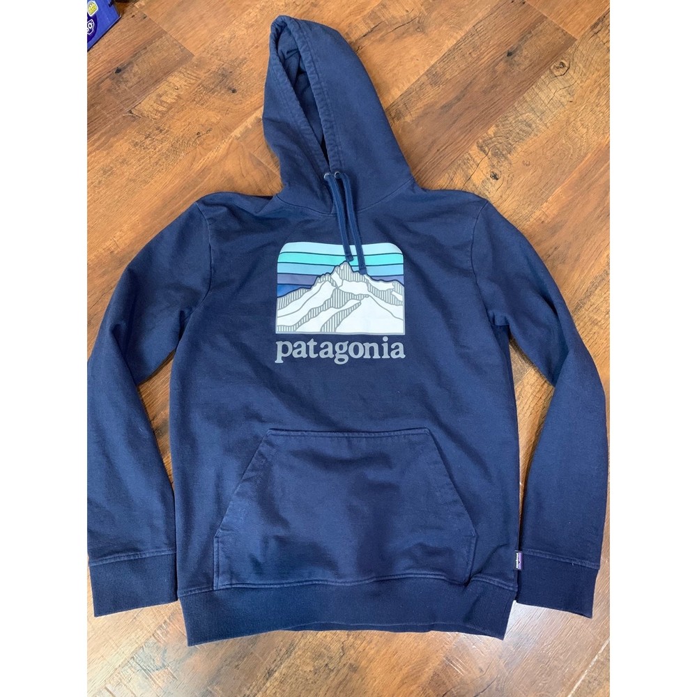 Patagonia Navy Blue Hoodie with Mountain Logo